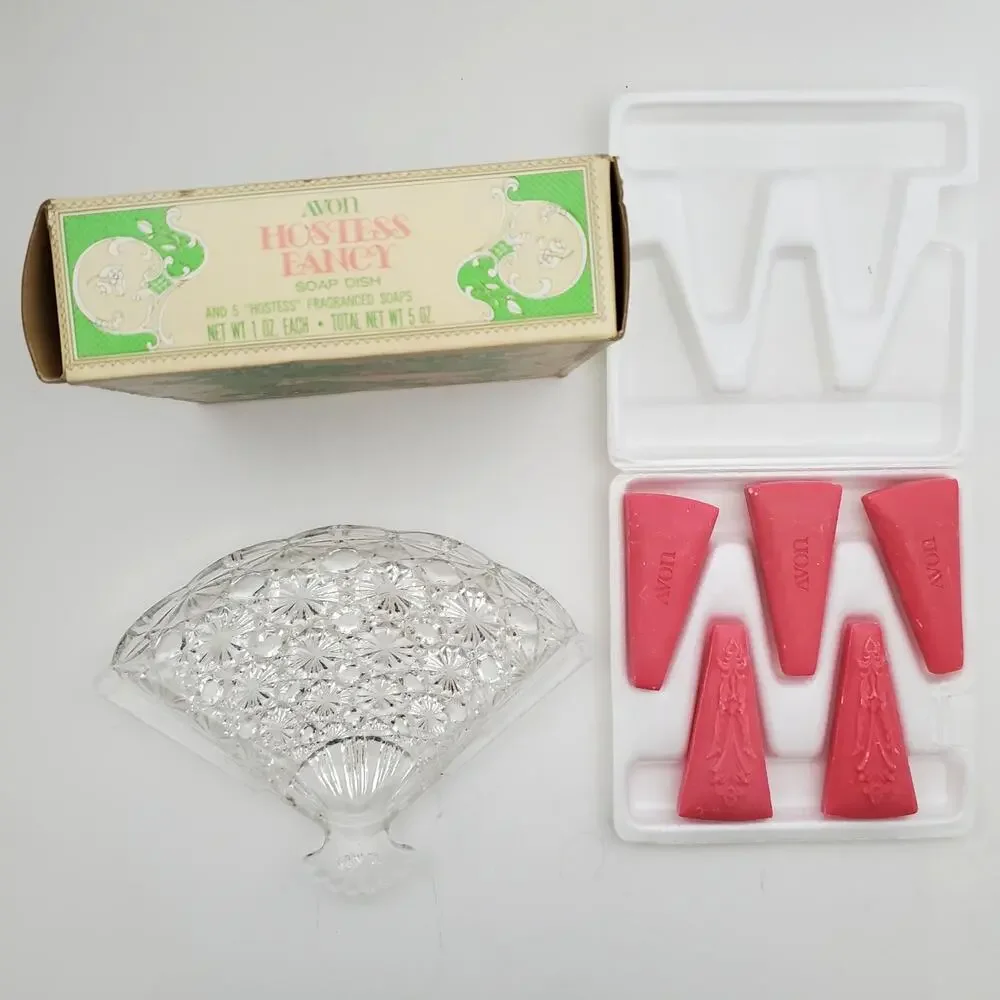 Vtg Avon Hostess Fancy Soap Dish & 5 Decorative Fragranced Pink Carved Soaps
